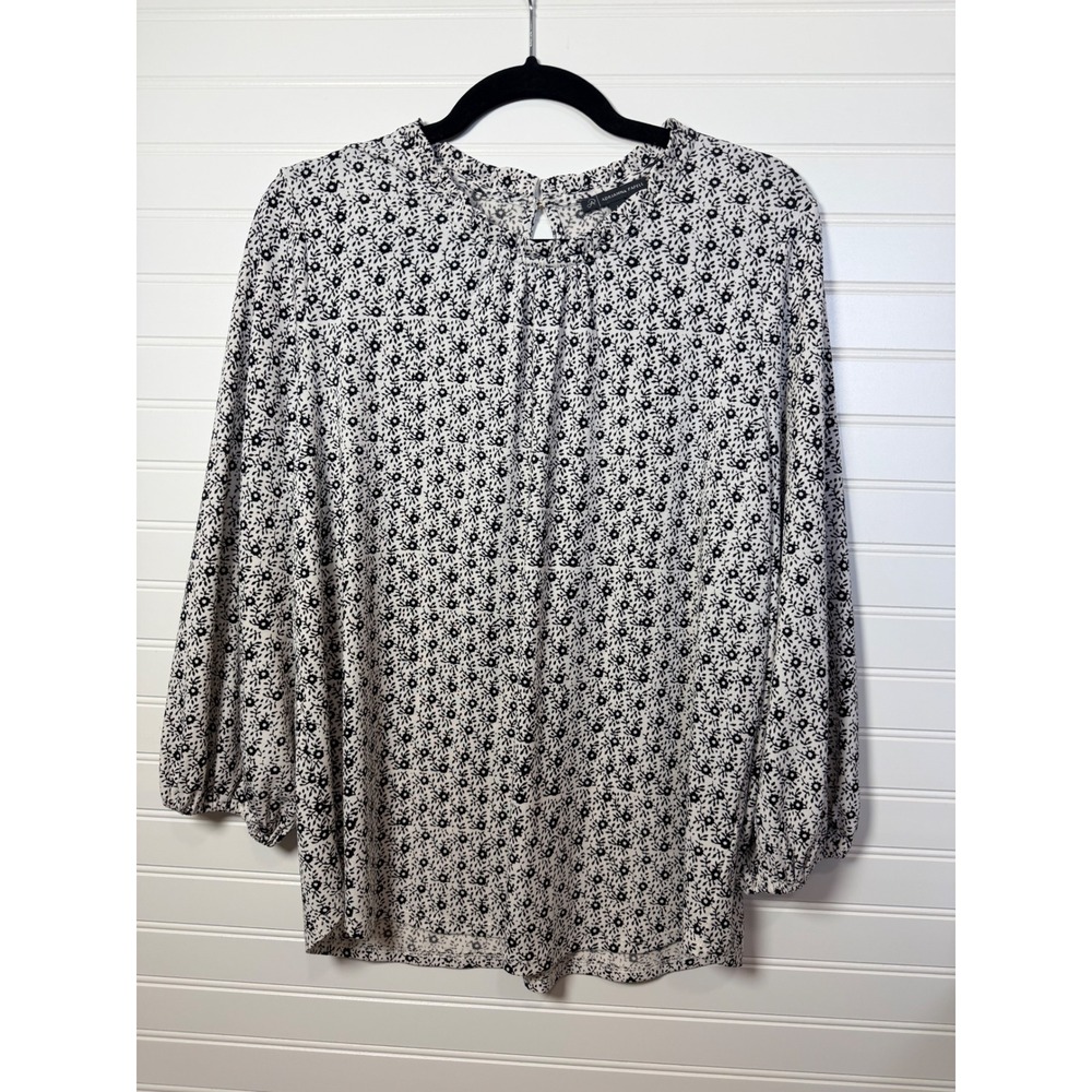 Adrianna Papell Womens Floral Print Ruffle Neck Balloon Sleeve Blouse Black L